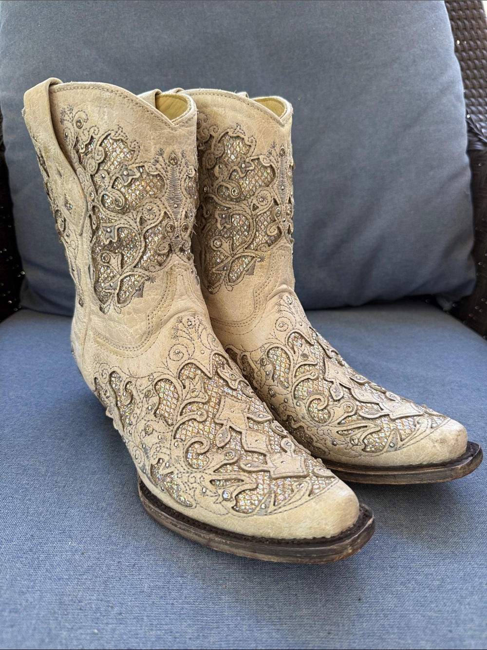 Corral Cowboy Boots WHITE GLITTERED SNIP TOE WEDDING booties 7.5 Women’s cowgirl - Picture 8 of 13